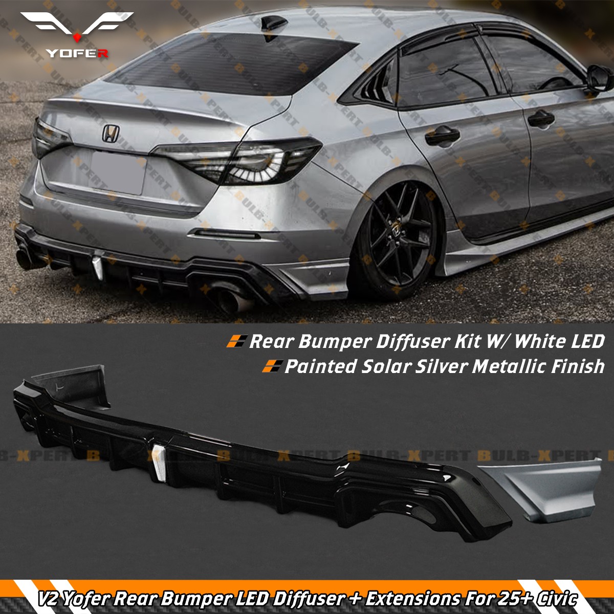 For 25-26 Honda Civic Sedan Yofer V2 Solar Silver Rear Diffuser Kit W/ White LED