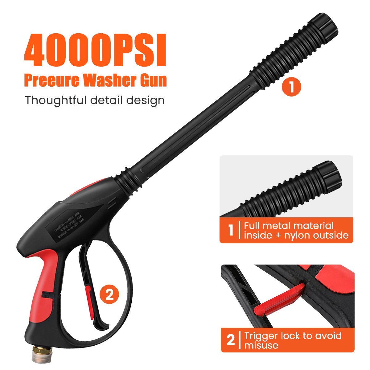 4000PSI High Pressure Power Washer Spray Gun Wand Lance Nozzle Tips Hose Kit M22