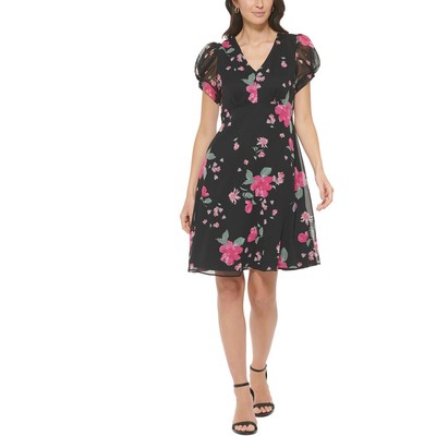 Женское черное мини-платье Calvin Klein с V-образным вырезом и пышными рукавами 8 BHFO 7962