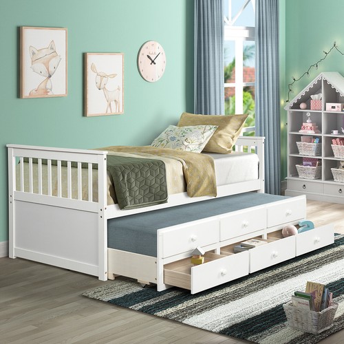 Daybed Captian Bed White Twin Size With Trundle Bed 3 Storage Drawers Wood Bed Ebay