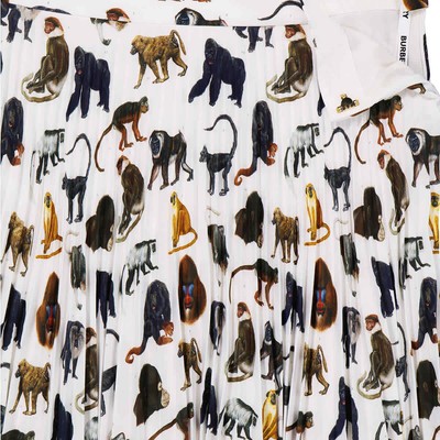 Pre-owned Burberry Ladies Monkey Print Pleated Crepe De Chine Skirt In Multicolor