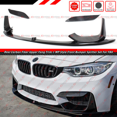 For 15-19 BMW F8X M3 M4 Carbon Fiber MP Style Front Lip + Bumper Upper Fang Trim