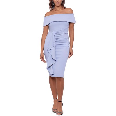 Женское синее платье-футляр Xscape длиной до колена с оборками и открытыми плечами 6 BHFO 5748