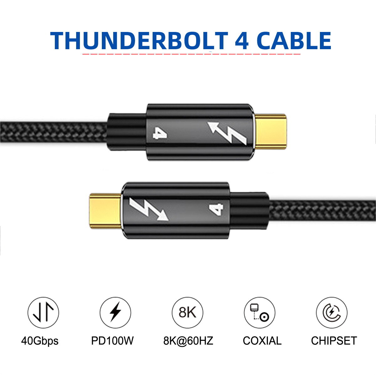 Cablecc USB4 Thunderbolt 3 Cable - 40Gbps 100W 8K 60Hz Type-C Male To Male 50cm Data Transfer