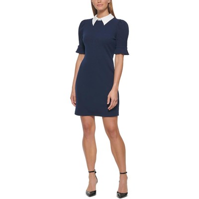 

Женское темно-синее трикотажное рабочее платье-футляр DKNY в рубчик  BHFO 5497, Navy/ivory