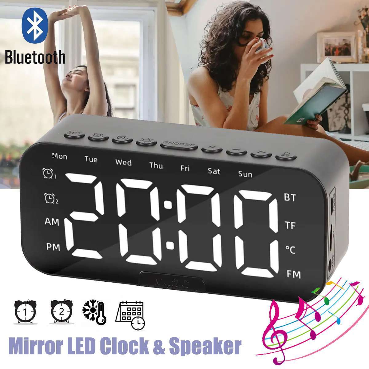 Wireless Bluetooth Digital Mirror LED Alarm Clock with Speaker MP3 Player Black