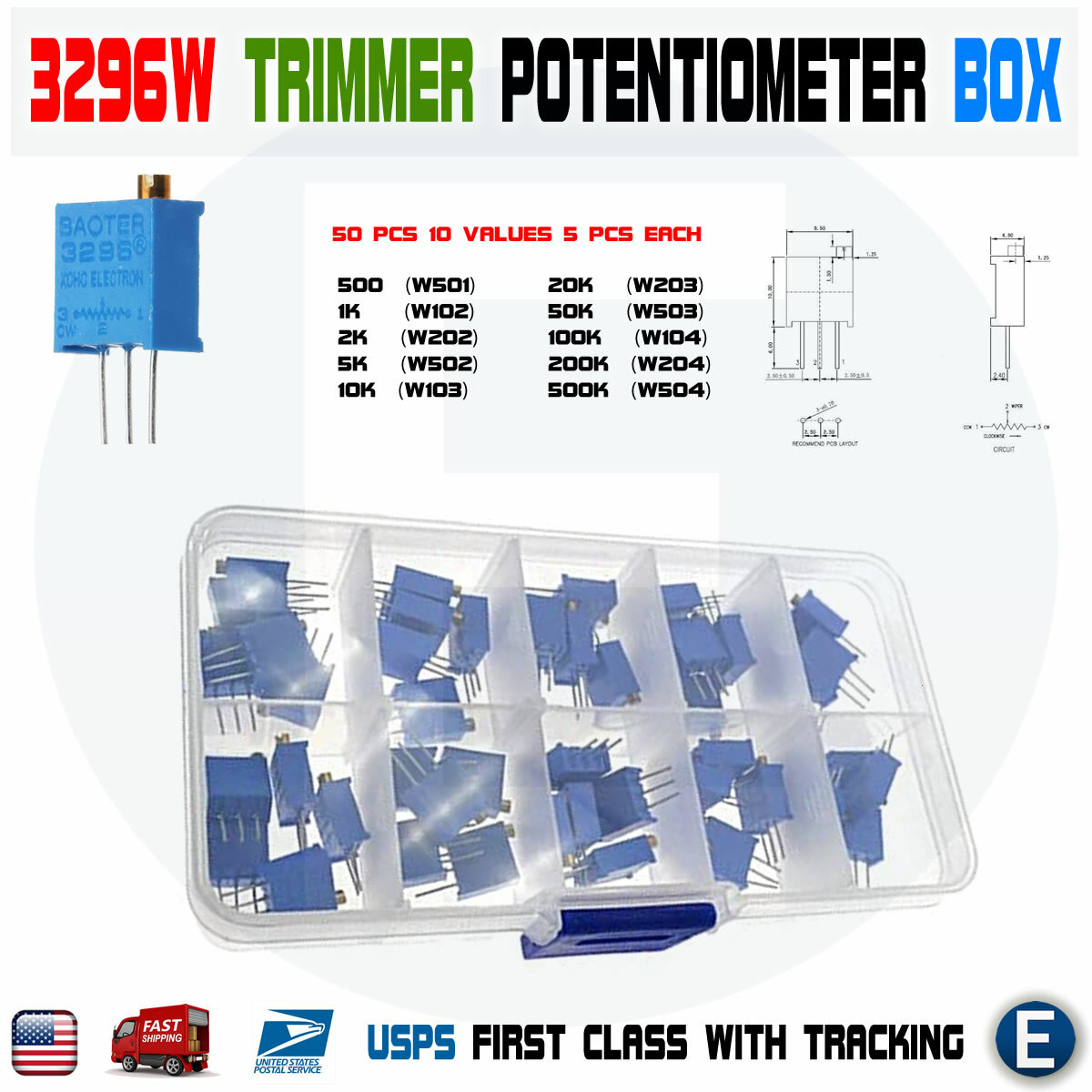 50pcs 10 Value New 3296W Multiturn Variable Resistor Trimmer Potentiometer Kit