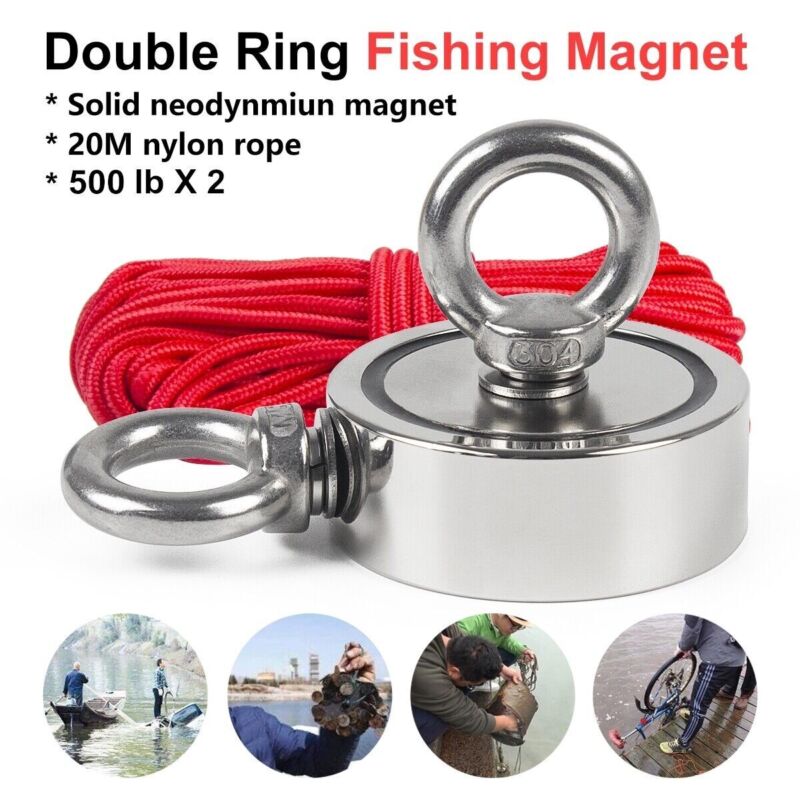 Upto 1000lb Fishing Magnet Kit Strong Neodymium Pull Force With Rope & Carabiner