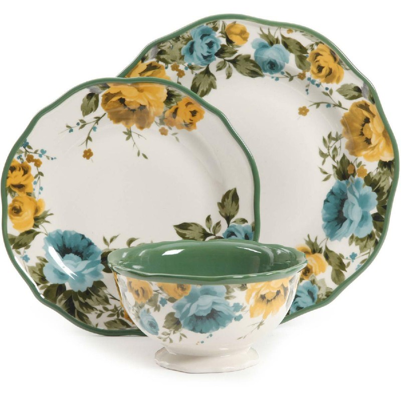 Pioneer Woman Rose Shadow 12 Piece Dinnerware Set Ceramic Dinner Dish Plate Bowl