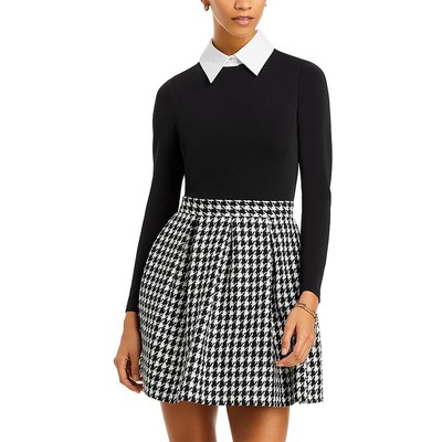 Alice and Olivia Womens Chara B/W Houndstooth Pleated Mini Dress 10 BHFO 1738