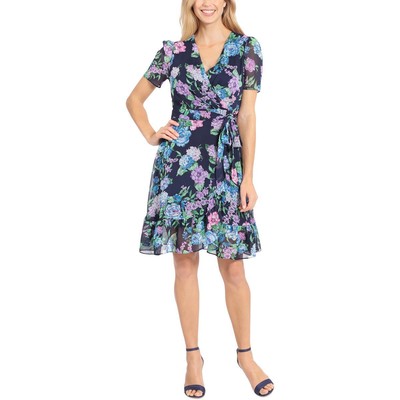 Женское темно-синее платье выше колена с цветочным принтом и запахом Petites 8P BHFO 4294 от London Times