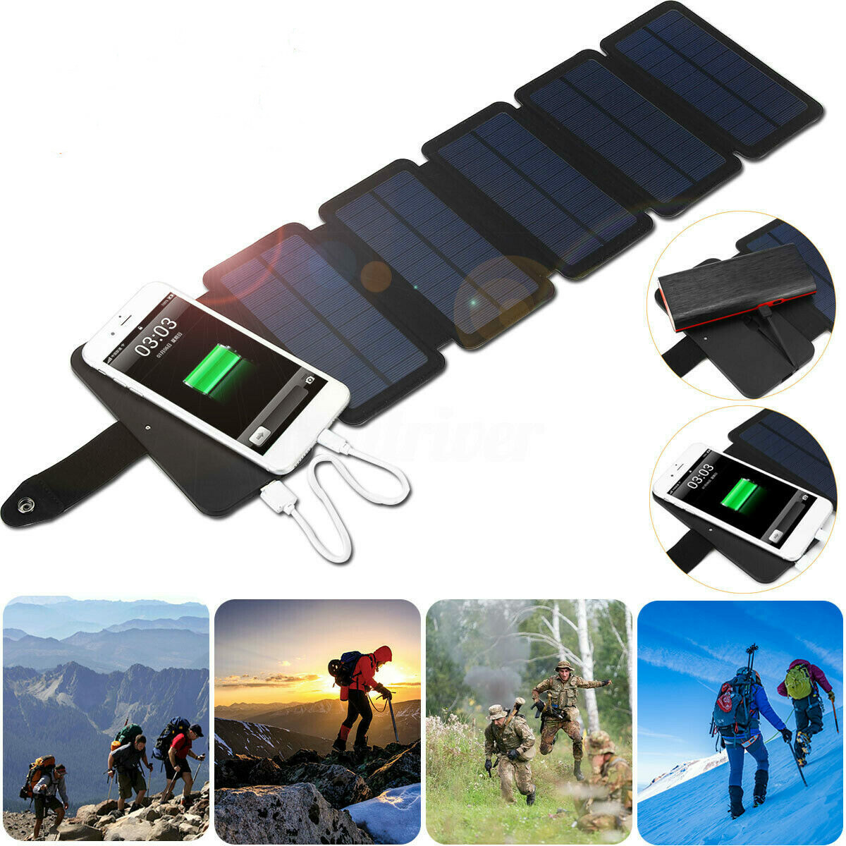 Portable Solar Mobile Phone Charger Panel Power Bank Waterproof Outdoor