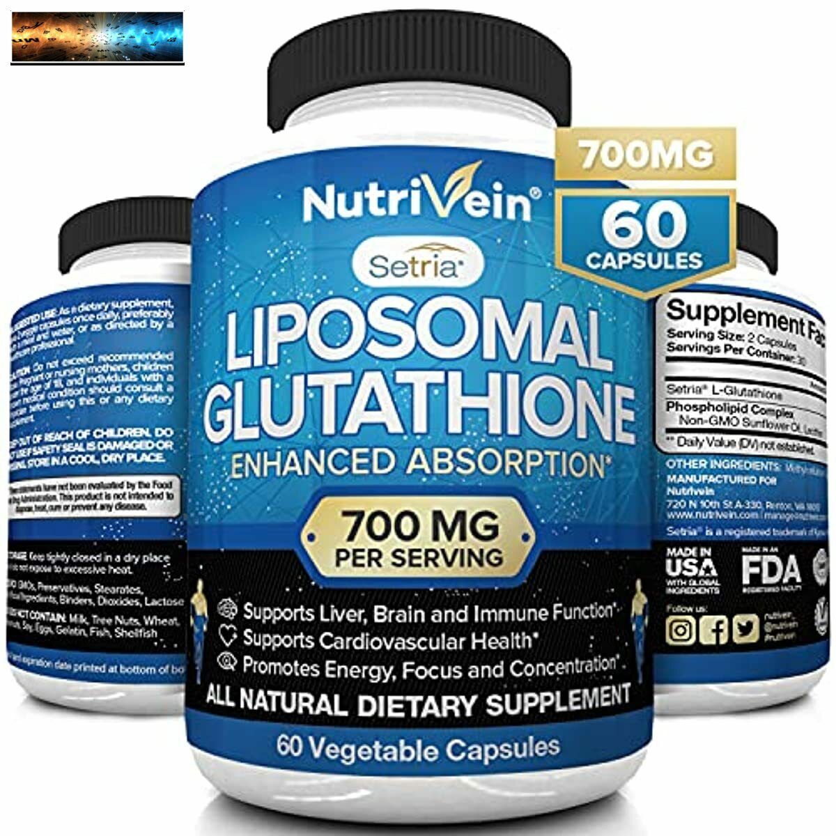 Nutrivein Liposomal Glutathione Setria® 700mg - 60 Capsules - Pure Reduced Gluta
