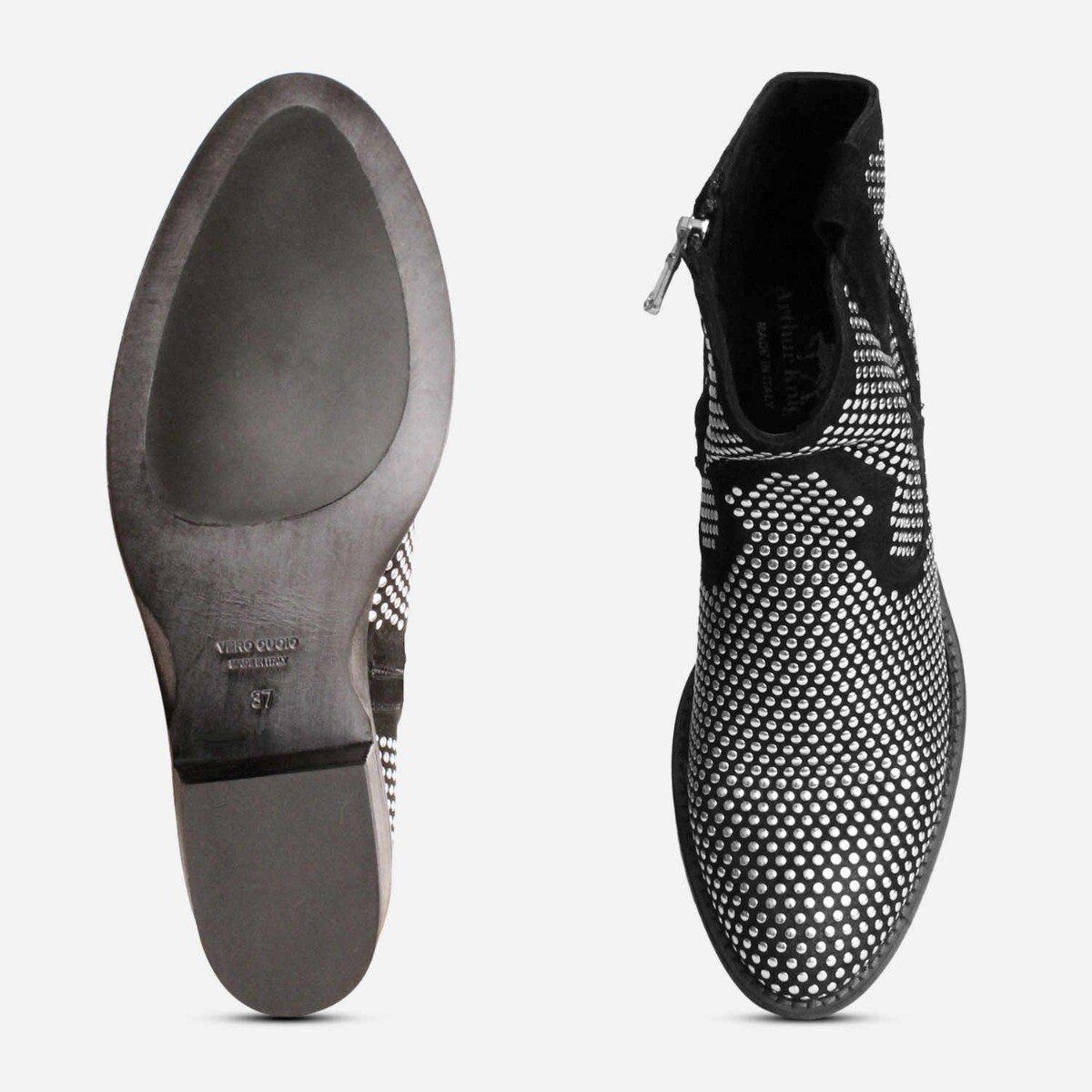 ARTHUR KNIGHT SHOES ITALIENISCHE SCHWARZ WILDLEDER BLOCKABSATZ KNÖCHEL ZIP STIEFEL MIT SILBER NIETEN