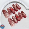 24Pcs Red French Tip Press on Nails Medium Almond Fake Nails Dark Red Heart with Rhinestones Glue on Nails Full Cover Reusable Gold Bow False Nails Stick on Nails Cute Designs for Women Acrylic Nails