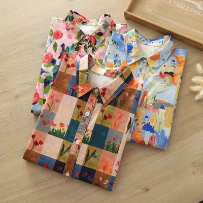 Women Printed Shirts Cotton Casual Blouses and Tops Loose Style