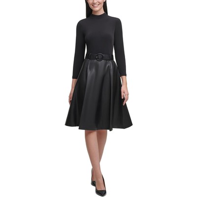 Женское черное платье Calvin Klein из искусственной кожи с имитацией шеи и расклешенными рукавами 2 BHFO 3791