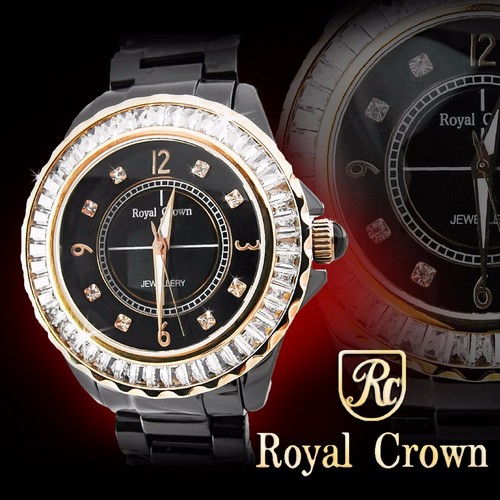 Pre-owned Royal Crown 3821m-4 Women's Wrist Watch 39mm Ceramic Case Cz Stones Ceramic Band