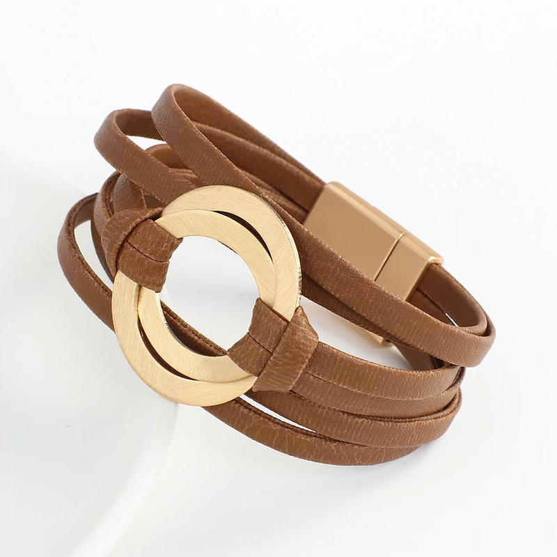 Genuine Leather Bracelets for Women Men Fashion round Hollow Circles Charm Wrap 