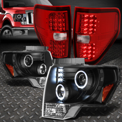 ДЛЯ 09-14 FORD F150 ЧЕРНАЯ ФАРА ПРОЕКТОРА HALO RING + КРАСНЫЕ ЛИНЗЫ СВЕТОДИОДНЫХ ЗАДНИХ ФОНАРЕЙ