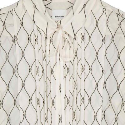 Pre-owned Burberry Net Print Crystal Detail Tie-neck Silk Shirt In White