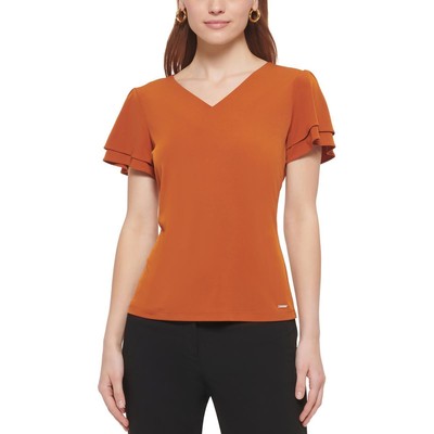 

Calvin Klein Womens Оранжевая блузка с v-образным вырезом Рубашка с пуловером Petites  BHFO 0882, Terracotta