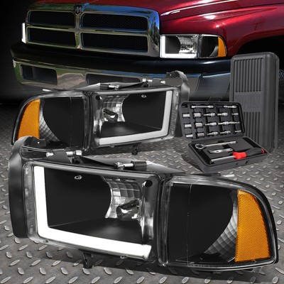 ДЛЯ 94-02 DODGE RAM LED DRL ЧЕРНЫЙ КОРПУС ЯНТАРНЫЕ УГЛОВЫЕ ФАРЫ + НАБОР ИНСТРУМЕНТОВ