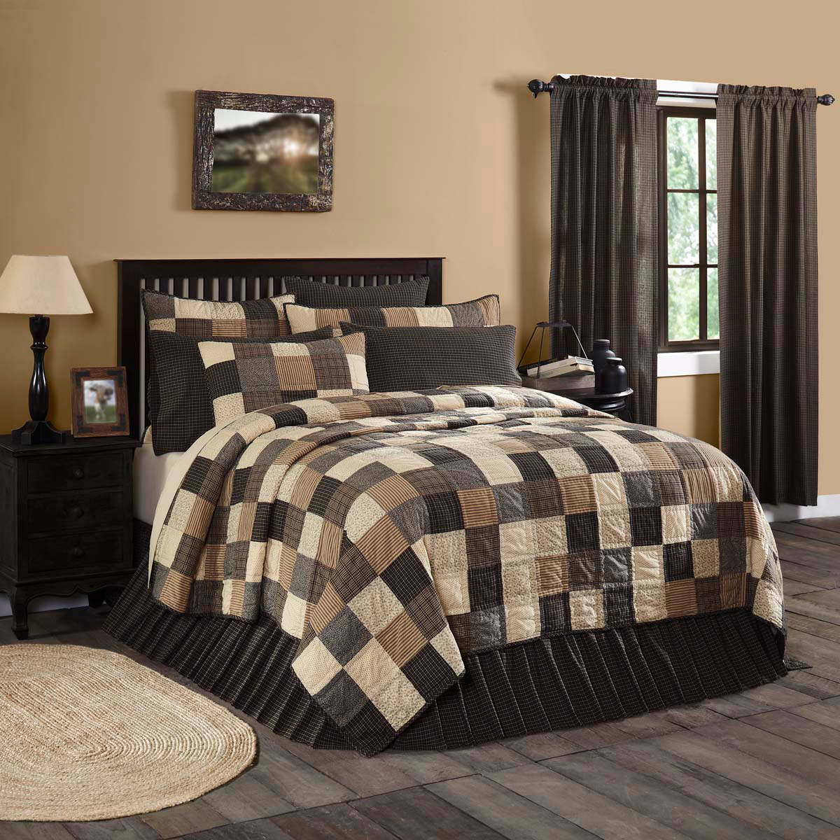 KETTLE GROVE Twin Patchwork Quilt Black Brown Creme Country Primitive