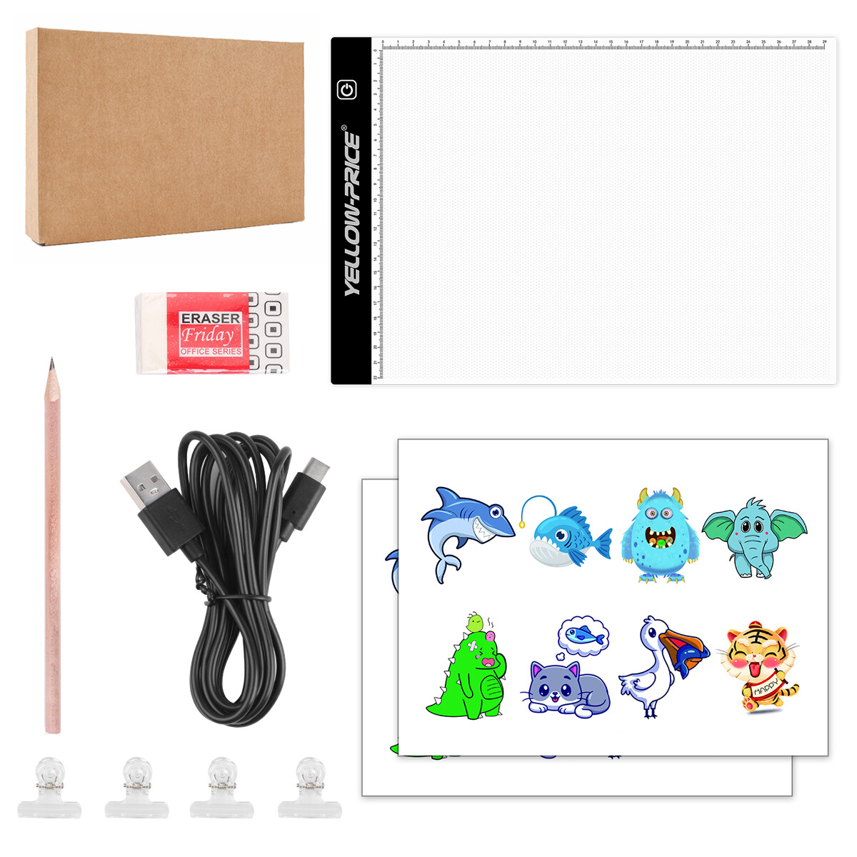 A4 Tracing LED Copy Board with USB-C Cable,Eraser,Pencil,Clips,Animal Drawings