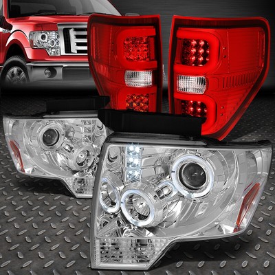ДЛЯ 09-14 FORD F150 СВЕТОДИОДНЫЙ ПРОЖЕКТОР HALO RING + 3D ЗАДНИЙ ФОНАРЬ C-ОБРАЗНОЙ ФОРМЫ ХРОМ/КРАСНЫЙ