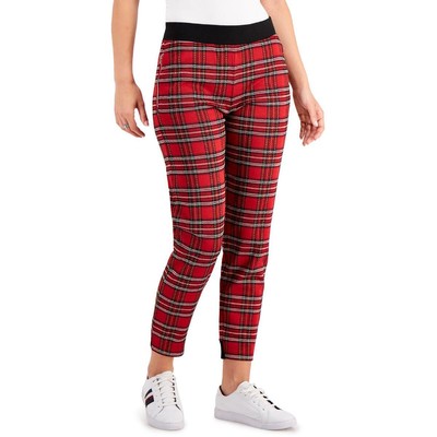 Tommy Hilfiger Womens Red Plaid Pull On Trousers Skinny Pants S BHFO 6249