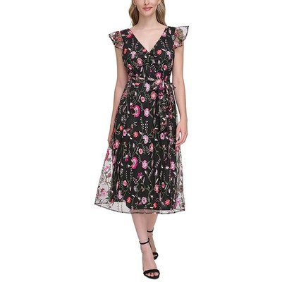 Kensie Dresses Womens Black Floral Embroidered Fit & Flare Dress 4 BHFO 5268
