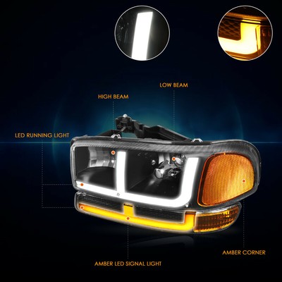 For 99-07 GMC Sierra 1500 2500HD 3500HD Classic LED DRL Headlights Black/Amber