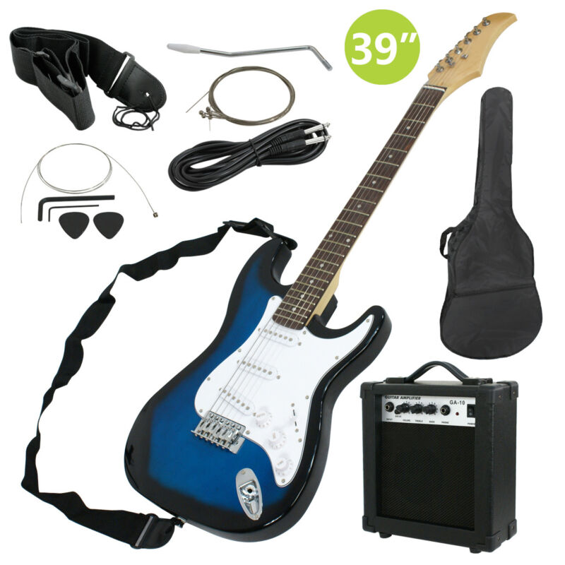 39" Full Size Blue Electric Guitar With Amp, Case And Accessories Pack Beginner