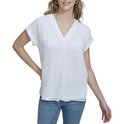 Calvin Klein Womens White Layered Sheer V Neck Pullover Top Blouse M BHFO 8872
