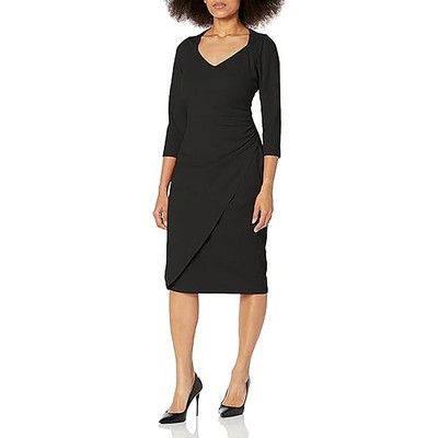 London Times Womens Black Ruched Long Sleeve Sheath Dress Petites 4P BHFO 1964