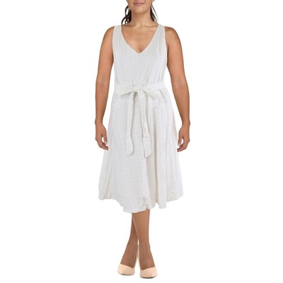 Taylor Womens White Eyelet Belted Sleeveless Midi Dress Plus 14W BHFO 7057