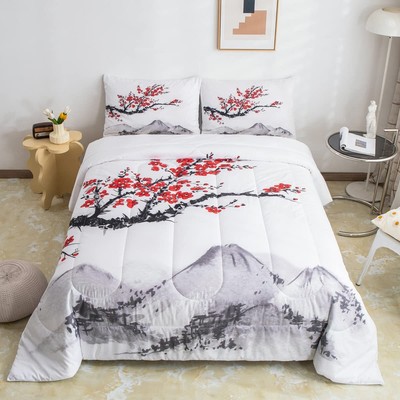 Japanese-Style Comforter Set Red Cherry Blossoms Printed Down Comforter,Adult...