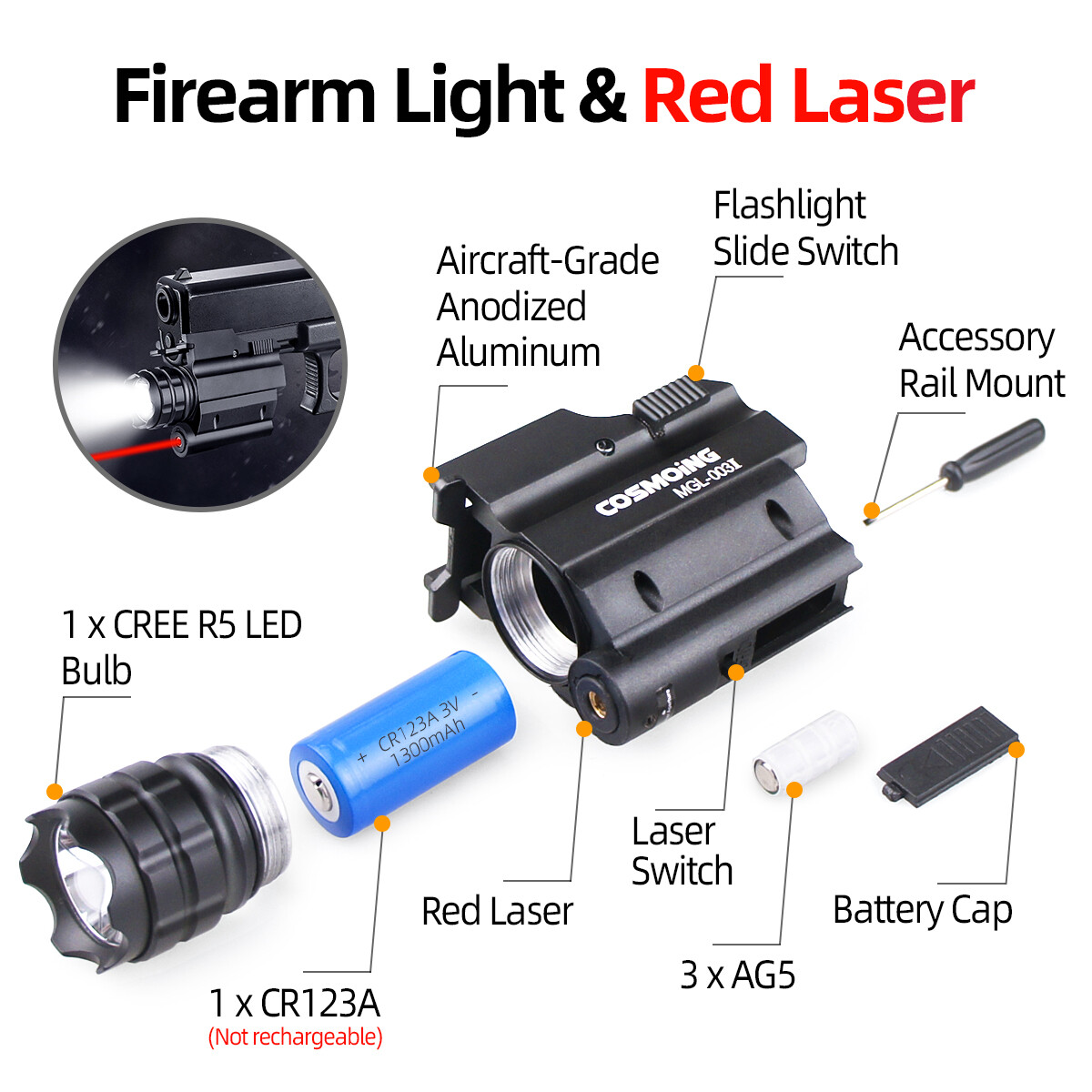 500LM Hunting Compact Red Laser Sight Rail Combo LED Flashlight Pistol Gun Light