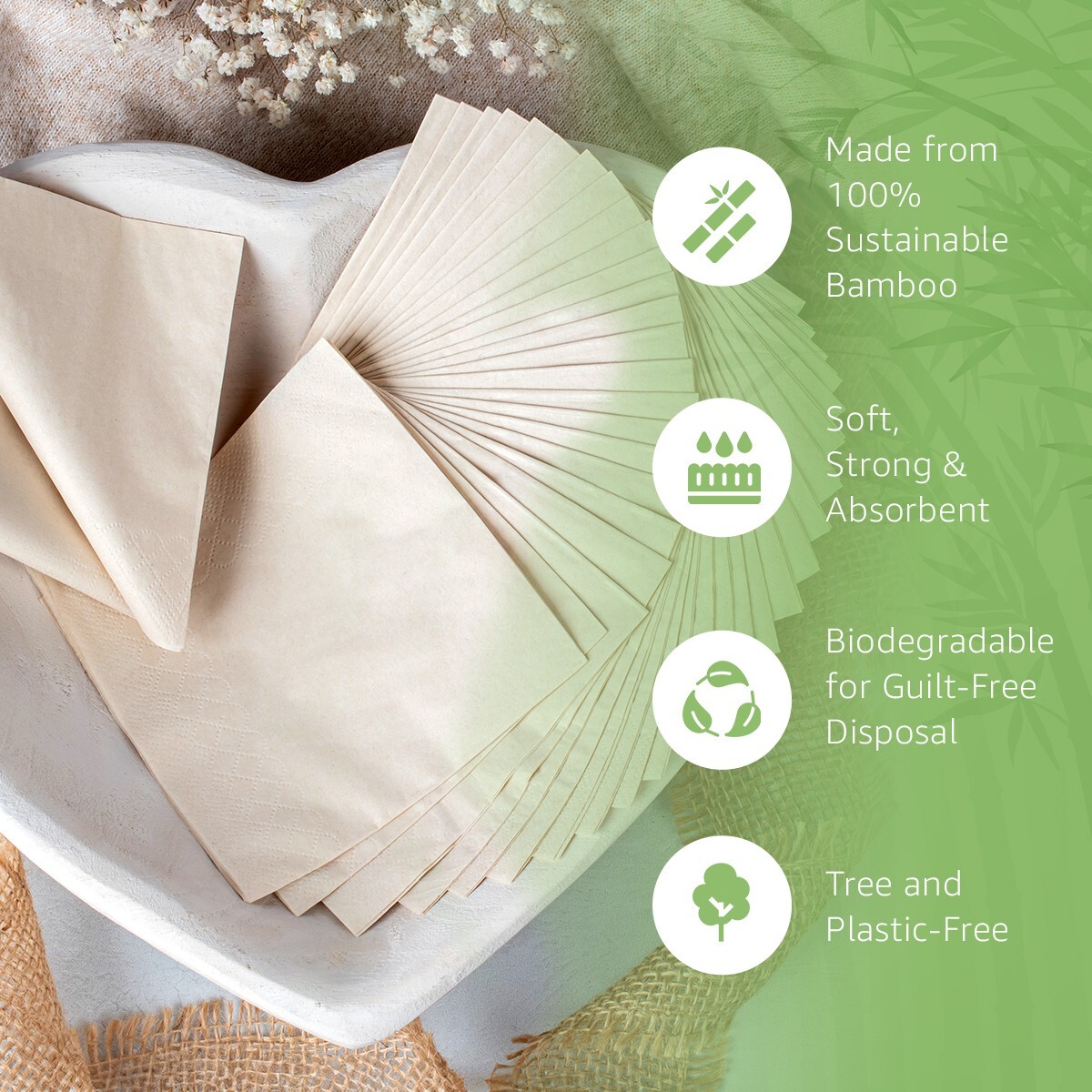 Ibambo Bamboo Cocktail Napkins - 250 Pack, 2-Ply, Ecofriendly Beverage Napkins