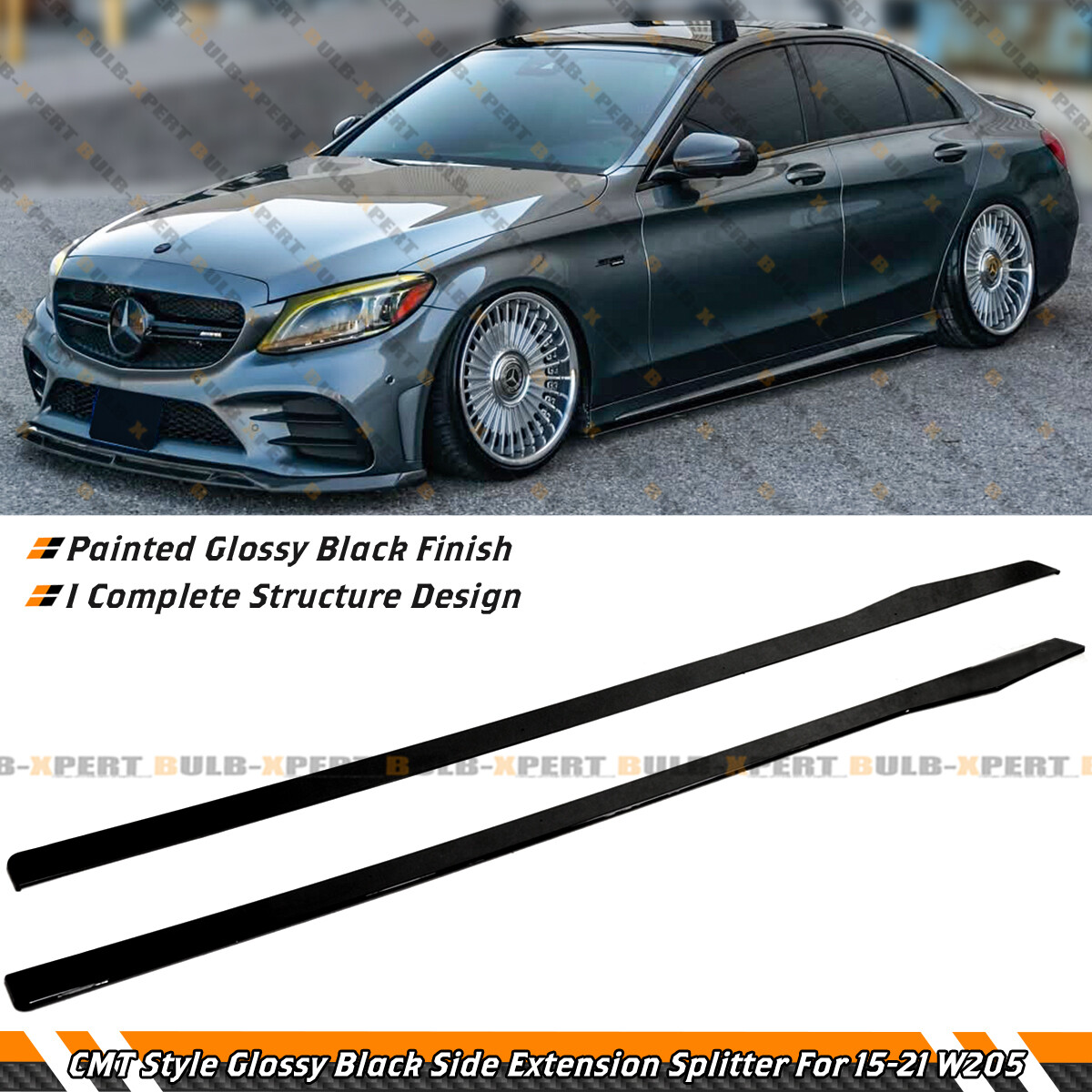 For 2015-21 Mercedes Benz W205 C300 C43 AMG CMT Gloss Black Side Skirt Extension