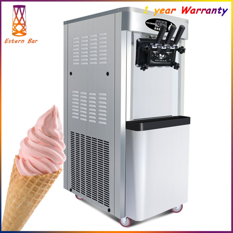 2000w Commercial Vertical Ice Cream Machine W/2x6l Hopper, 25-30l/h, 3 Flavors