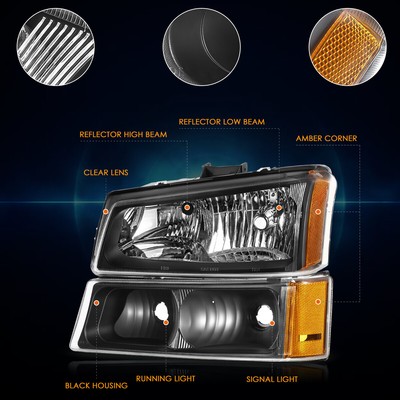 For 03-07 Silverado 1500-3500 Factory Style 4Pcs Amber Corner Headlights Black