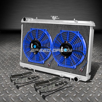 2-РЯДНЫЙ ПОЛНОСТЬЮ АЛЮМИНИЕВЫЙ ГОНОЧНЫЙ РАДИАТОР + 2 СИНИХ ВЕНТИЛЯТОРА ДЛЯ 89-94 240SX SILVIA S13 SR20