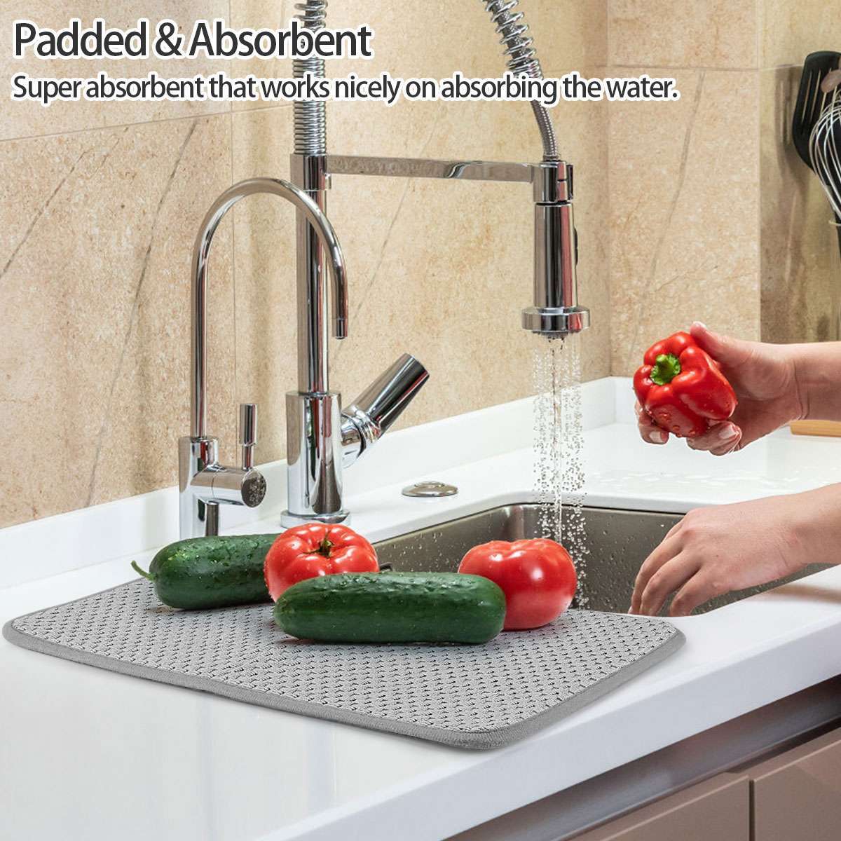 Dish Drying Mat, Microfiber Dish Draining Mat for Kitchen Countertop-Grey