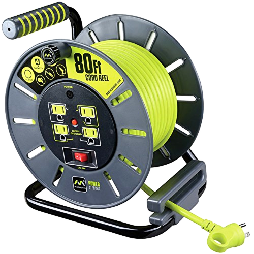 80 Ft Heavy Duty Extension Cord Open Reel with 4 120V / 10 amp Integrated Outlet