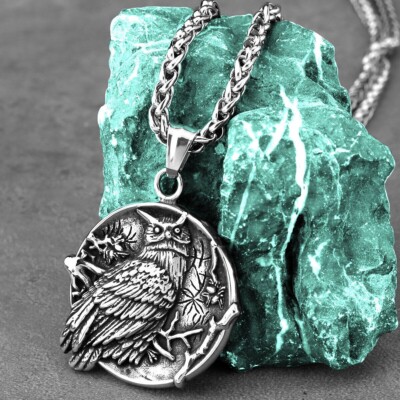Mens Stainless Steel Chain Viking Pendant Silver Double Faced Perched Owl Design