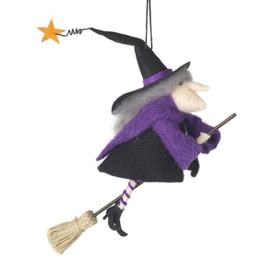 Heaven Sends Felt Witch on Broom With Hat Halloween Quirky Hanging Decoration