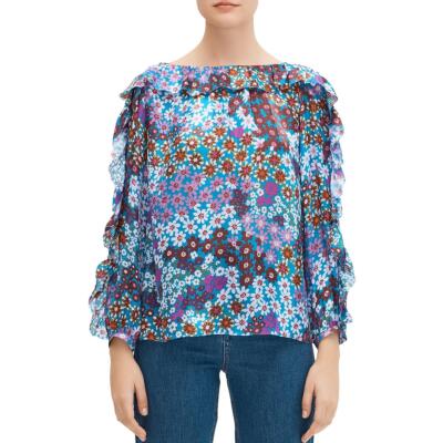 

Kate Spade Женская синяя шелковая шифоновая блузка с цветочным принтом  BHFO 8523, Aruba blue