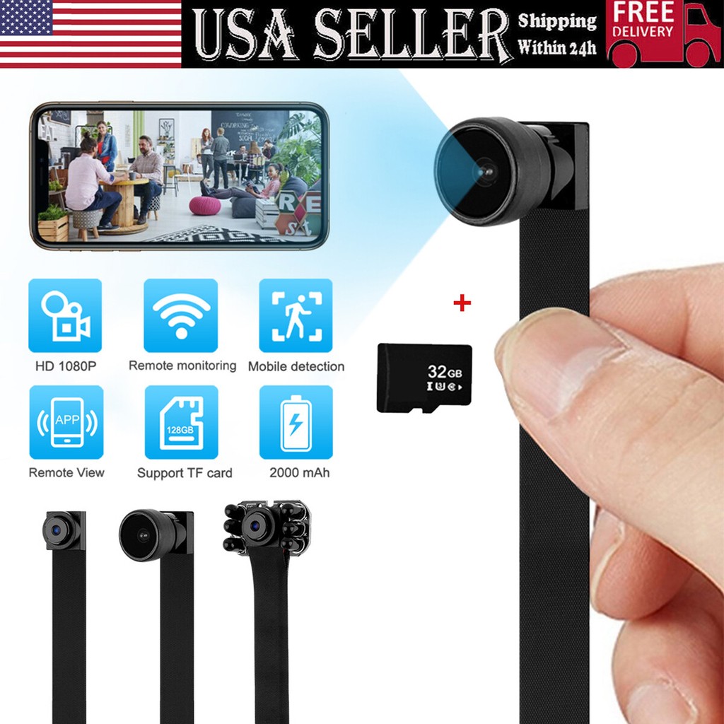 Mini spy camera with smartphone connectivity and accessories.
